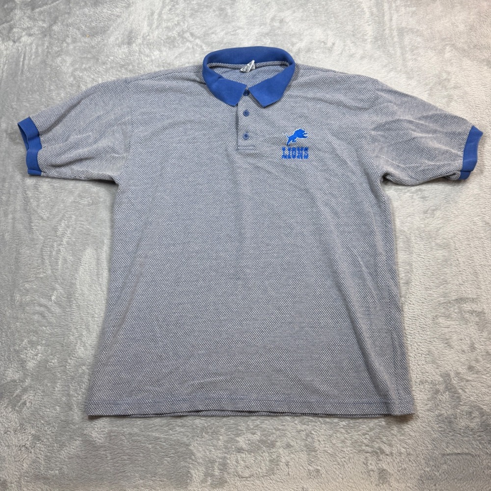 True Fan Detroit Lions Polo Shirt Mens L Blue Grey Honeycomb NFL Football 90s